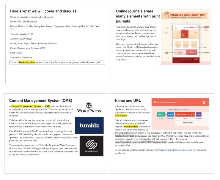 Text description: Four slides from my Online Journal Editing and Publishing course. The top left is called "Here's what we will cover and discuss"; the top right is "Online journals share many elements with print journals" along with a graphic called "Website Anatomy 101"; the bottom left is called "Content Management System (CMS)" with logos for WordPress, Tumblr, and SquareSpace; the bottom right's title is "Name and URL"