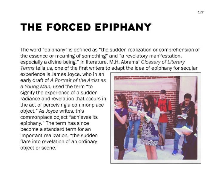 Image description: This is a screenshot of a page for one of the Revision Techniques called "The Forced Epiphany." It is accompanied by a photo of students circa 2012 outside Albertus Hall on The College of Saint Rose campus. All of the students have notepads and they are freewriting.