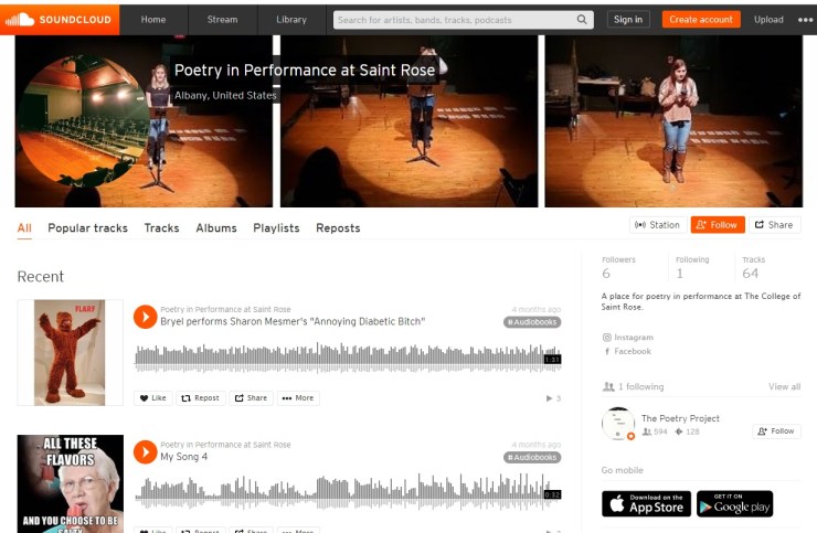 Image description: This is a screenshot of SoundCloud account for Poetry in Performance, with three photos of student performers at a microphone. This is one of the many social accounts where we share student performances of original work as well as "covers" of other poets' work.